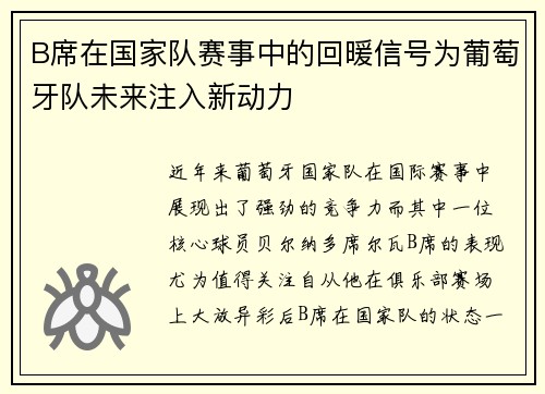 B席在国家队赛事中的回暖信号为葡萄牙队未来注入新动力