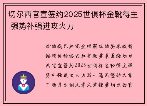 切尔西官宣签约2025世俱杯金靴得主 强势补强进攻火力